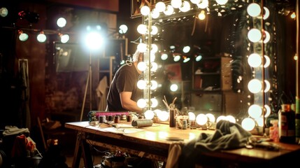 Backstage worker is preparing costumes at a table with a brightly lit mirror in the background. The dressing room has a vintage style with exposed brick and warm lighting