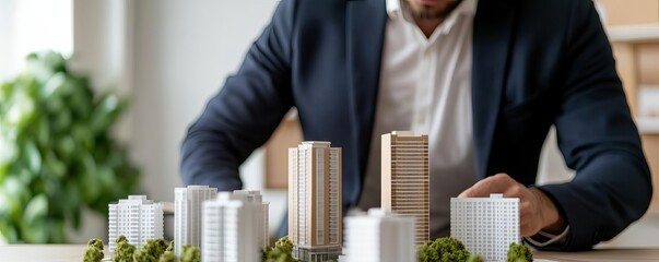 Real estate investor in sleek office, reviewing high-rise building models