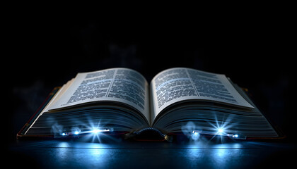 Fototapeta premium open magic book on a dark table. Magical glow of the book on a dark background isolated with white highlights, png