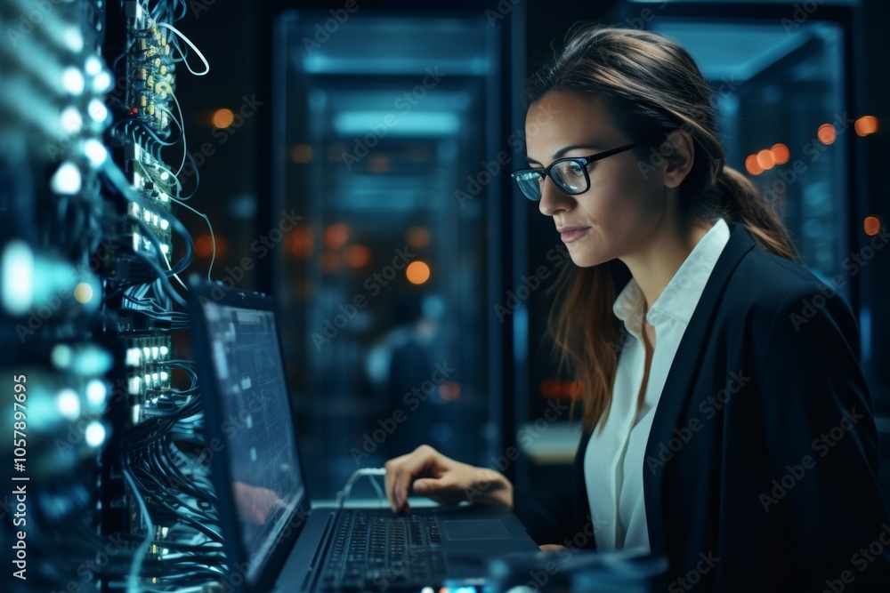 Poster female it technician urgently troubleshooting network issues in a modern data center during nighttim