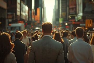 Fototapeta premium Back View of Man Walking in Busy City Street Crowd