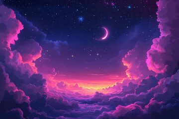 Majestic twilight sky with purple clouds and crescent moon over a serene horizon at dusk