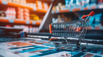 Mini Shopping Cart on Financial Data Sheets in Supermarket