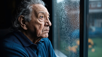 Elderly man with gray hair looking pensively out of a rain-covered window, wearing a blue shirt, with a somber expression.