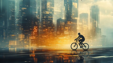 Cycling Through the Futuristic Cityscape at Sunset
