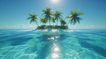 A small, tropical island with palm trees in the middle of a turquoise ocean under a bright blue sky.