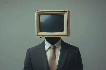 Person with a monitor instead of a head on a light background.