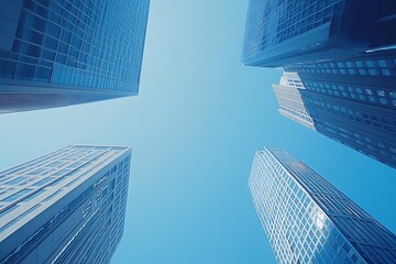 Fototapeta premium Blue Sky View of Four Towering Glass Facades in a City