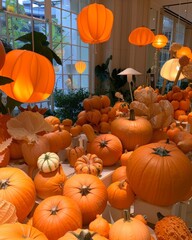 A pile of bright orange pumpkins in a light and stylish room.