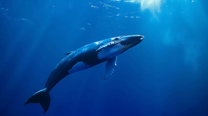 Obraz premium A majestic blue whale glides gracefully through the deep blue ocean. The sunlight filters through the water, illuminating the whale's enormous body.