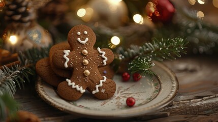 Festive Christmas scene with gingerbread man cookie, cookies on plate, and Christmas tree lights
