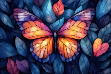 A blue butterfly rests on pink petals, set against an artistic watercolor backdrop