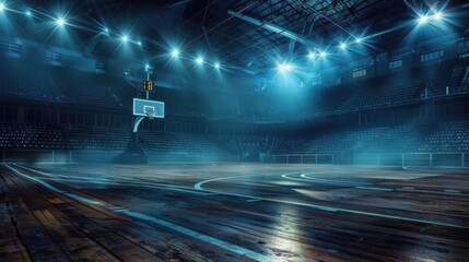 Empty basketball arena, stadium, sports ground with flashlights and fan sits