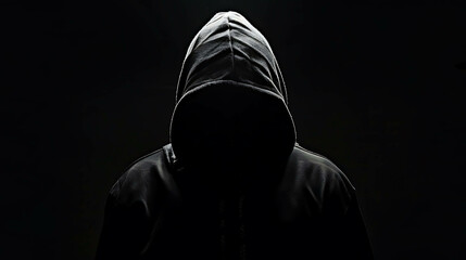A mysterious figure in a dark hoodie stands in the shadows, his face hidden by the hood.