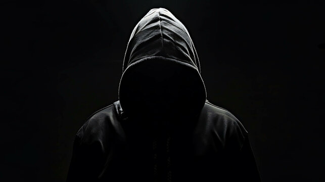 A mysterious figure in a dark hoodie stands in the shadows, his face hidden by the hood.