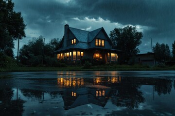 Obraz premium Powerful storm over house with glowing windows and mirrored reflections in puddles on a wet night
