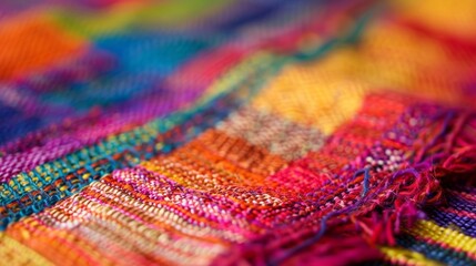 Obraz premium Vibrant textile fabric with colorful threads and unique weaving, perfect for fashion or home decor projects. Mix of cotton, wool, silk, and yarn fibers adds a traditional, bohemian touch