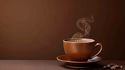 Obraz premium A closeup of a steaming cup of coffee on a brown background. The cup is brown and there is a saucer next to it.