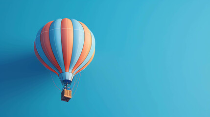Obraz premium A lone hot air balloon floats through a clear blue sky. The balloon is red, yellow, and blue, and the basket is brown.