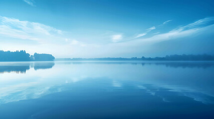 Fototapeta premium This is a beautiful misty lake at dawn. The still water reflects the sky above, creating a perfect mirror image.