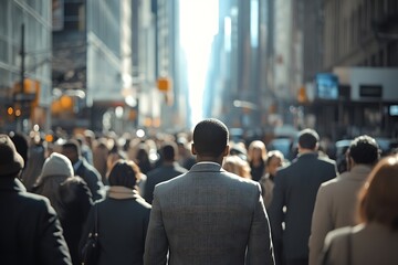 Businessman Walking in a City Crowd, Back View, Sunny Day