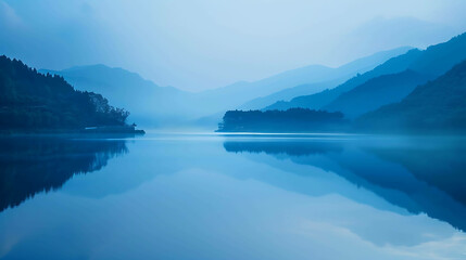This is a beautiful landscape image of a lake and mountains in the background. The water is calm and still, and the sky is clear.