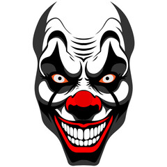 Psycho killer clown mask evil clown face with red nose and lips portrait from the front. Creepy horror clown smiley face, Joker Smile for Halloween realistic illustration graphic	