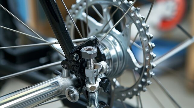 Close up of a bicycle's rear wheel and derailleur mounted on a repair stand, suggesting a mechanic is about to perform maintenance or repairs