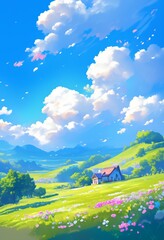 Obraz premium a bright blue sky adorned with fluffy white clouds. The scene showcases vibrant pink flowers blooming around a quaint house beside green grasslands and mountains 