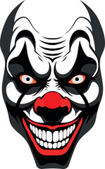 Psycho killer clown mask evil clown face with red nose and lips portrait from the front. Creepy horror clown smiley face, Joker Smile for Halloween realistic illustration graphic	