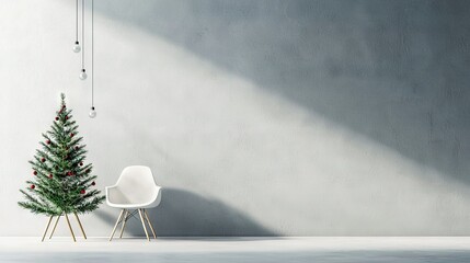   A white chair sits beside a small Christmas tree in a room with gray walls and another white chair