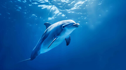 Fototapeta premium A bottlenose dolphin swims gracefully in the deep blue ocean. The dolphin is sleek and gray, with a long, pointed snout and a friendly smile.