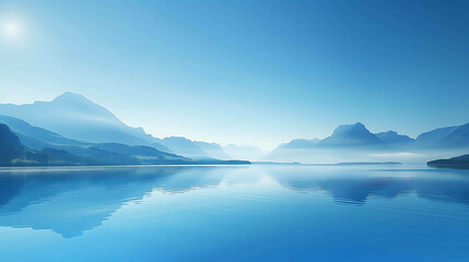 Tranquil lake and mountains in the distance with clear blue sky. The scene is peaceful and serene. The water is crystal clear.
