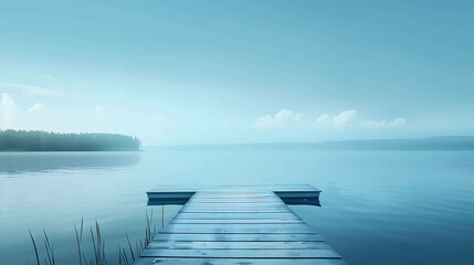 Obraz premium Tranquil lake with a dock jutting out into the still water. The sky is blue and there are a few clouds in the distance.