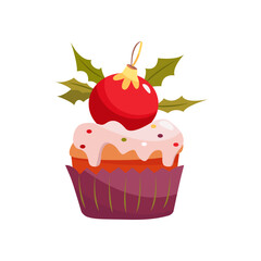 Christmas cupcake - cute winter sweets food. Xmas icing muffin. Christmas cupcake with red New Year's ball. Flat cartoon Christmas dessert vector illustration. Christmas star poinsettia cupcake 