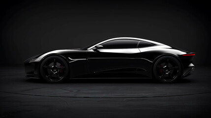 Fototapeta premium The image is a dark, sleek, and powerful-looking sports car. The car is shown in profile, with its wheels turned slightly to the right.
