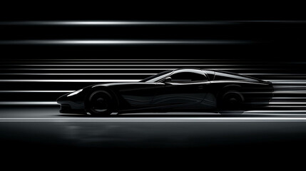 A sleek black sports car speeds down a dark road. The car's headlights are on, and the light is reflecting off the car's body.