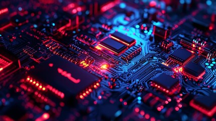 Close-Up of Circuit Board with Red and Blue Lights