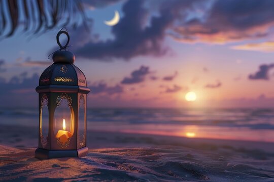 Islamic lantern and moon on beach  Ramadan and Eid celebrations