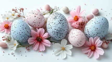 Colorful Easter Egg Arrangement with Pastel Speckled Patterns and Pink and White Flowers on White Background, Perfect for Seasonal Designs, Greeting Cards, and Festive Holiday Decorations