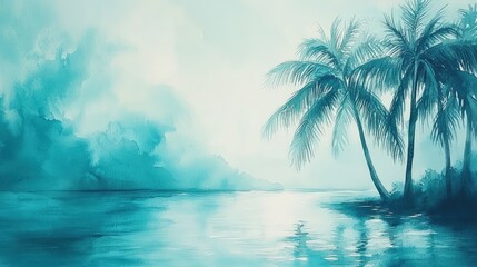 A watercolor painting of two palm trees on a tropical beach with a blue sky and ocean.