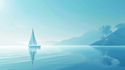 The image is of a sailboat on a calm sea. The water is a deep blue color, and the sky is a light blue color.