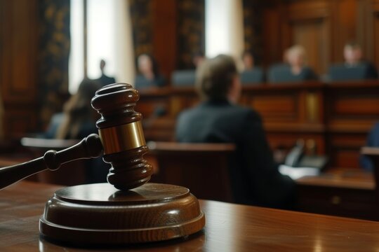 A female attorney presents her case in a cinematic court of law during a justice trial, engaging the judges and audience - Powered by Adobe