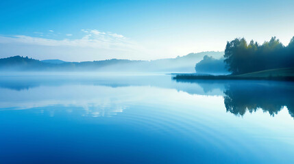 Fototapeta premium This is a beautiful misty lake in the morning. The water is calm and still, and the sky is a clear blue.