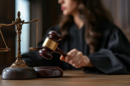 A female judge holding a gavel while presiding over a trial in a historic courtroom setting