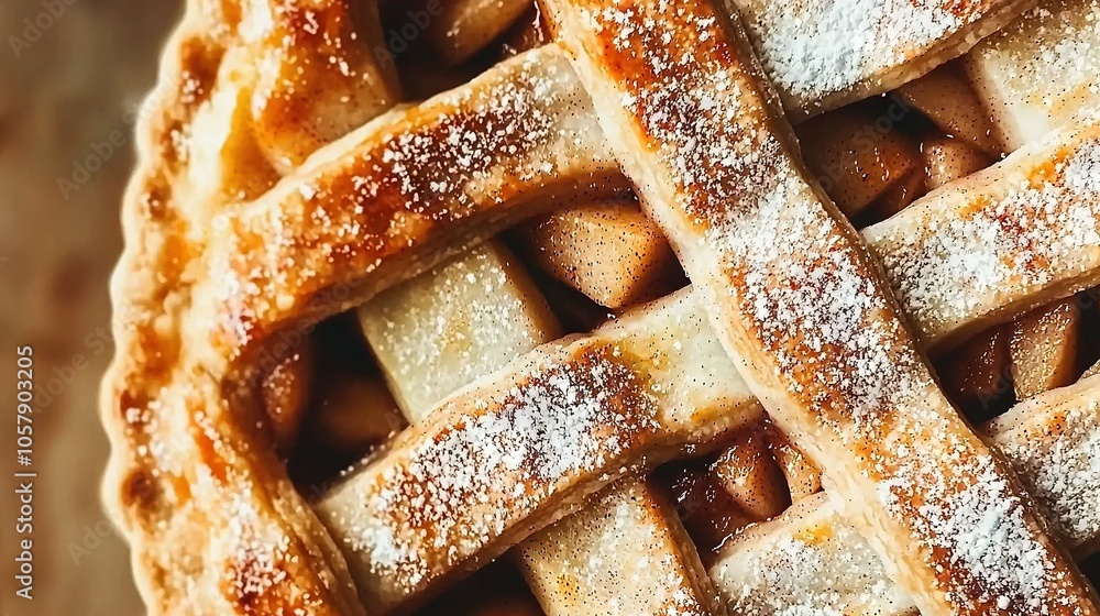 Poster a close-up of a pie with powdered sugar sprinkled around its edges and a fork resting in the center
