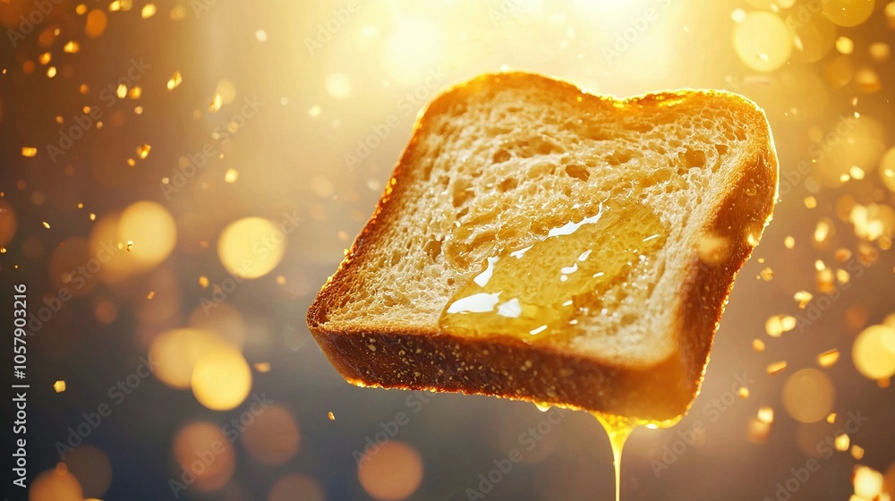 Poster a zoomed-in image of bread being splattered with honey on a blue and yellow backdrop