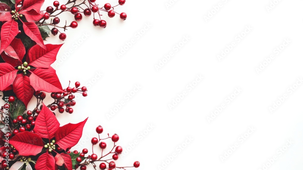 Aufkleber A close-up of red poinsettia flowers and berries arranged on a white background. The foliage is clustered together, creating a border on the left side of the image.