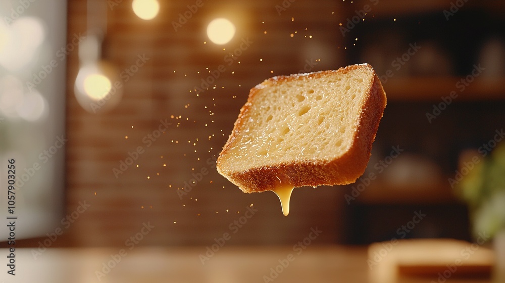 Poster a macro shot of sliced bread adorned with honey and positioned on a rustic table, bathed in ambient 