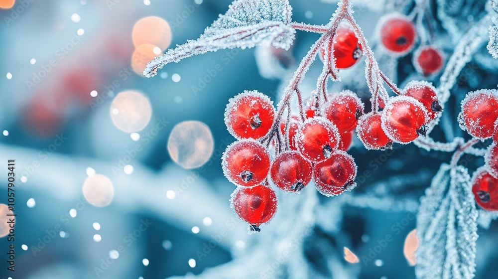 Poster red berries on snow-covered tree branch with frost and lit background